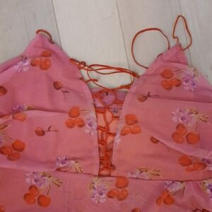 Pink Floral and Cherry Print GAUZE Mini Dress